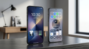 Android phone showing an iPhone-style lock screen, widgets and Control Center