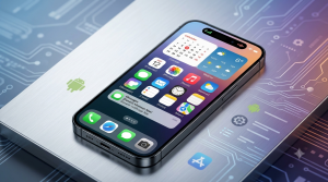 Android phone with an iPhone-style Dynamic Island and iOS-inspired interface