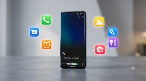 Android smartphone using Google Assistant for calls, messages, weather, and smart home controls