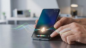 Android smartphone responding to a Google Assistant voice command with sound waves