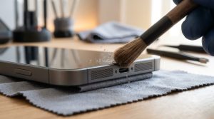 Cleaning a smartphone speaker grille with a soft brush