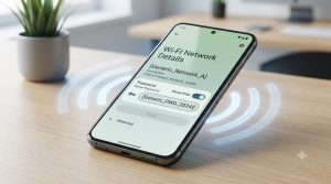 Android phone displaying a saved WiFi password without a QR code