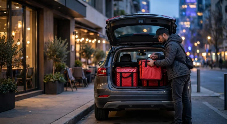 Dasher loading delivery bags into a car — DoorDash taxes guide 2026