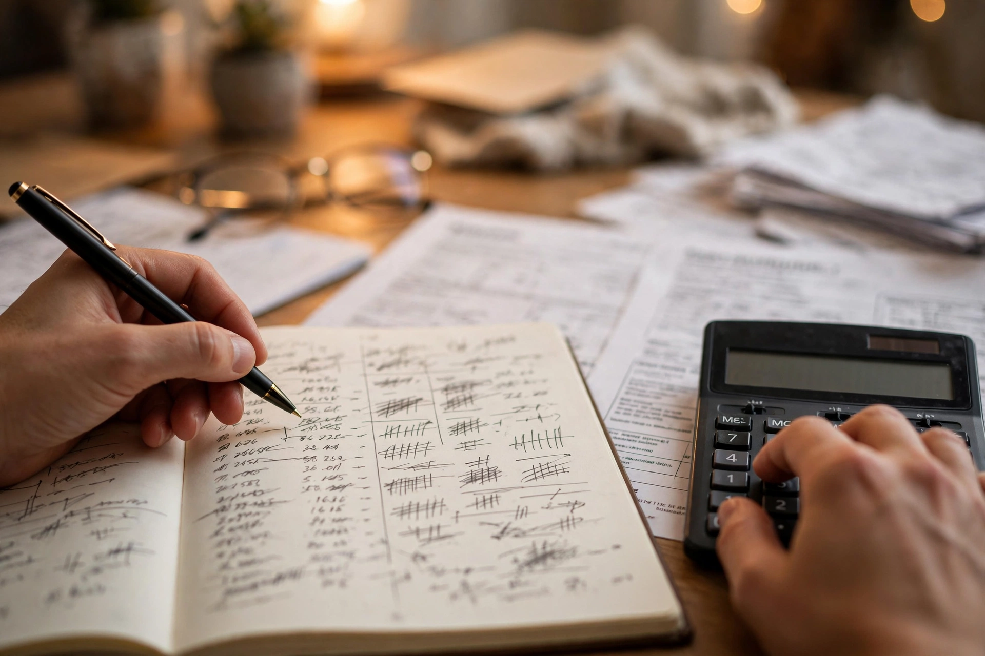 Freelancer calculating an estimated tax payment with Form 1040-ES, a calculator, and a notebook full of income and expense figures
