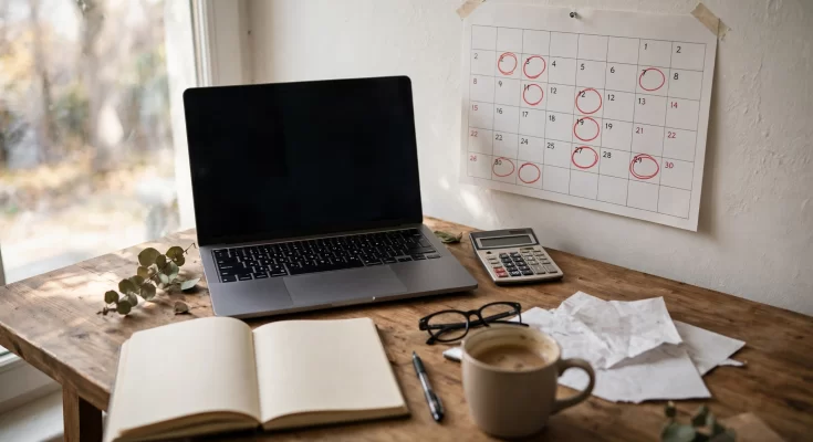 How to pay quarterly taxes as a freelancer - a freelancer's desk with a laptop, calculator, and the 2026 quarterly tax due dates marked on a calendar